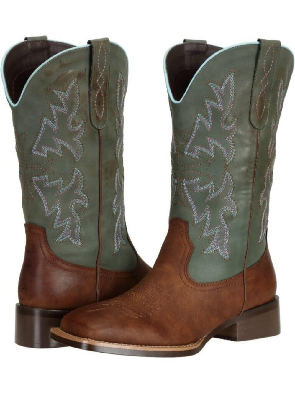 Women's Brown Turquoise Square Toe Western Country Distressed Cowgirl Boots